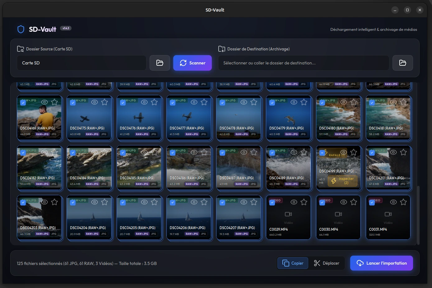SD-Vault Interface Mockup - Tri rapide RAW+JPEG et Culling de Rafales